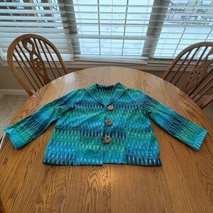 Painted Pony Blue Green Ikat Cotton Jacket Blazer L Lg Wooden Buttons